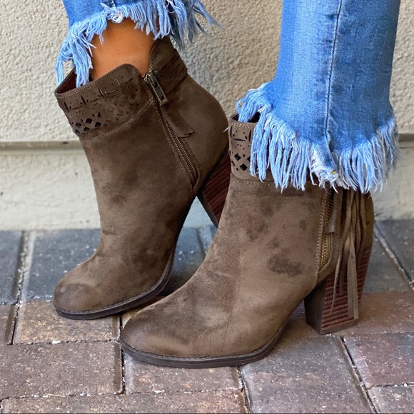 Military Green Fringe Laser Cut Block Heel Booties - Picture 3 of 10